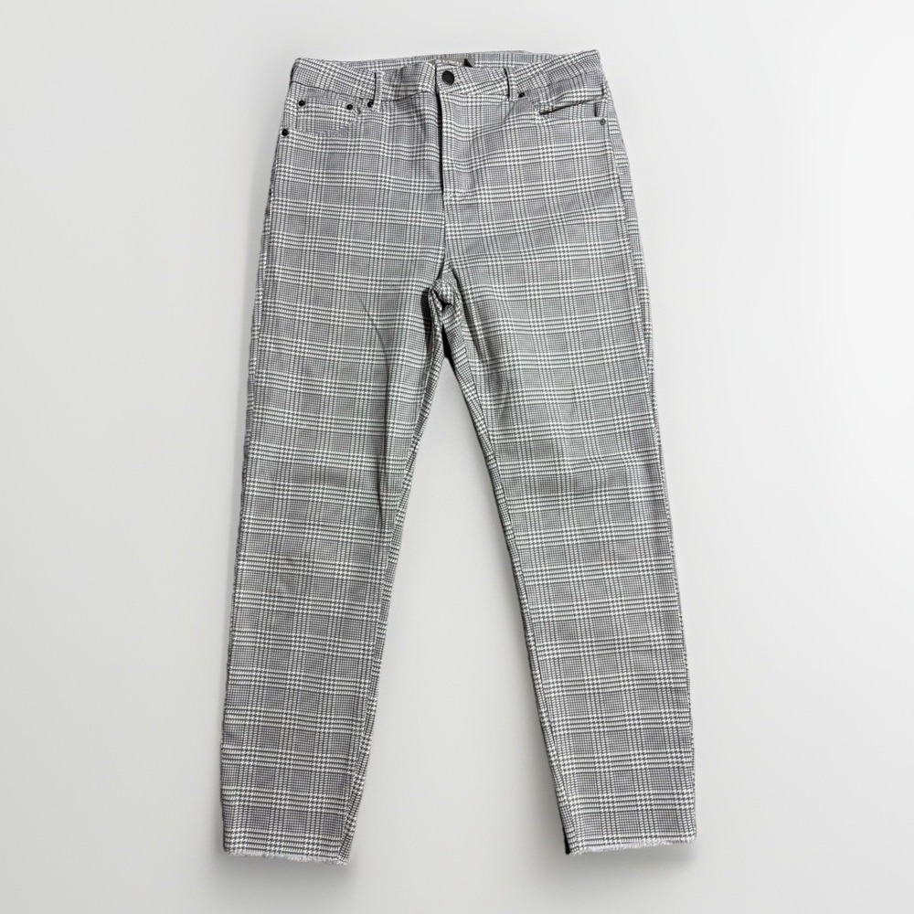 Tractr Plaid Skinny Pants Women Size 12/31 Grey White Glen Check Raw Hem 97960-1